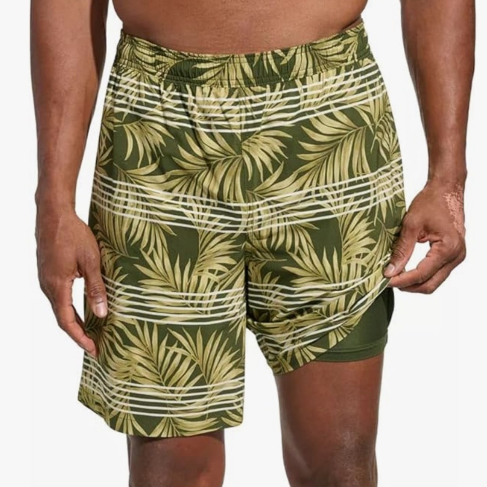 Kirkland Signature Palm Design Lined Green Stretch Swim Trunks Men’s Medium